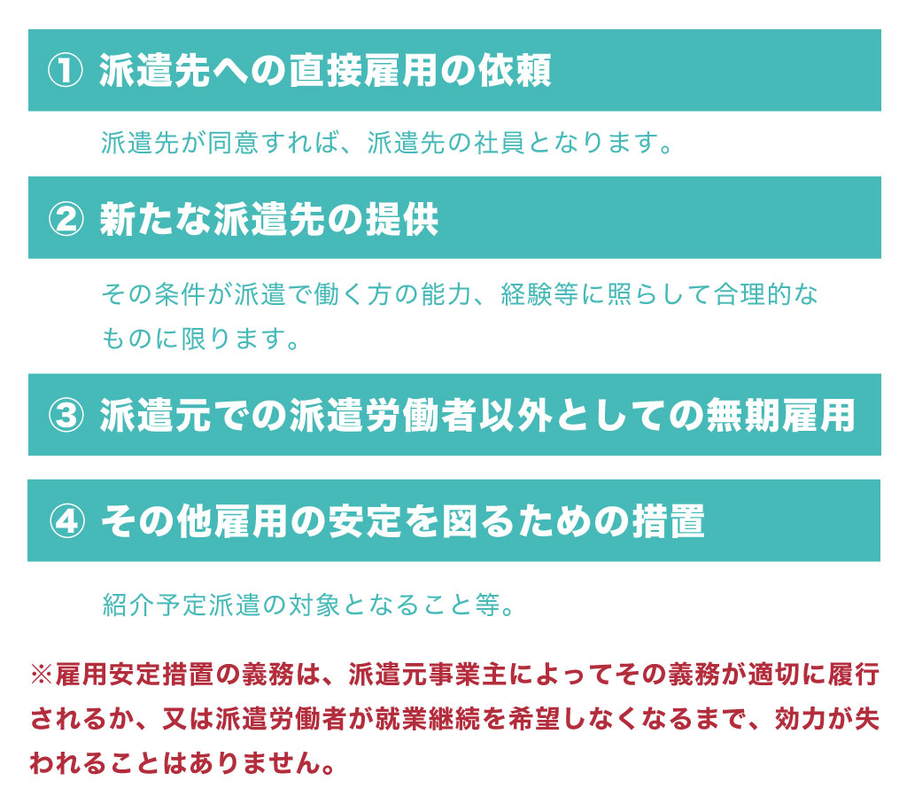 3年以上同じ事業者で働く見込みとなった場合に人材派遣会社から受けられる措置